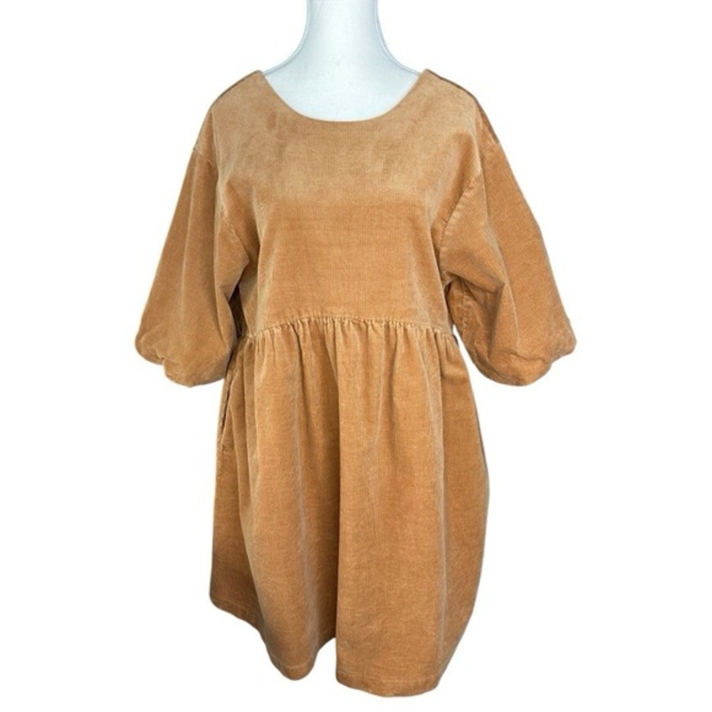 Everlane The Corduroy Mini Puff Sleeve‎ Babydoll Dress Biscotti Brown Tan Size M